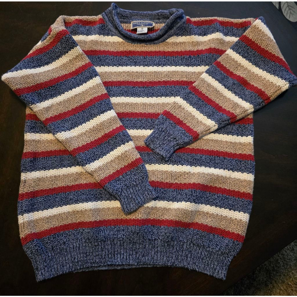 Women's Vintage Oversized 90s Striped Soft Crew Neck Sweater S Blue Red
